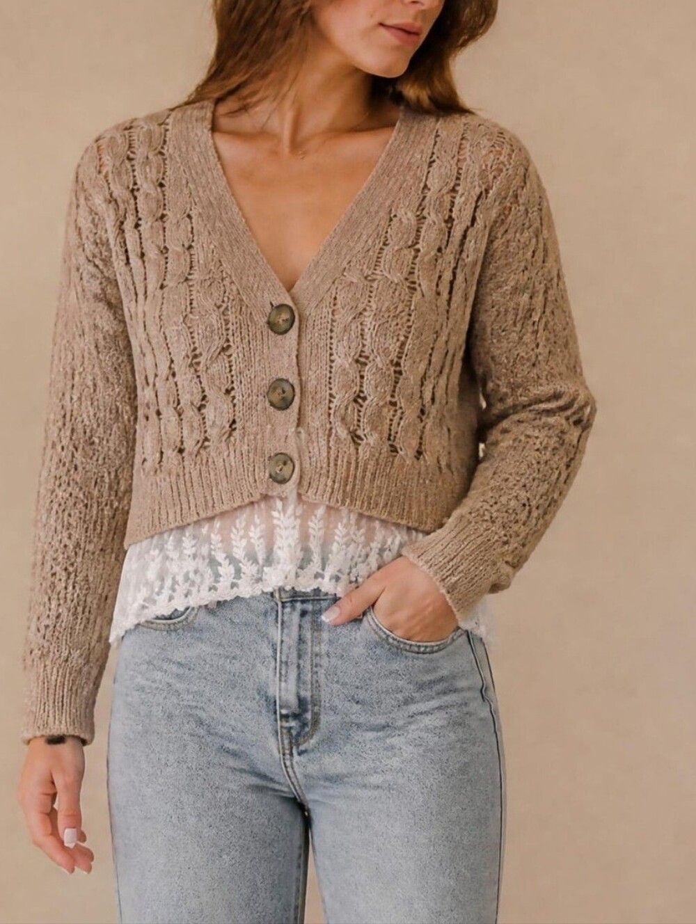 POL Small Lace trim Cardigan Sweater Cottage Core
